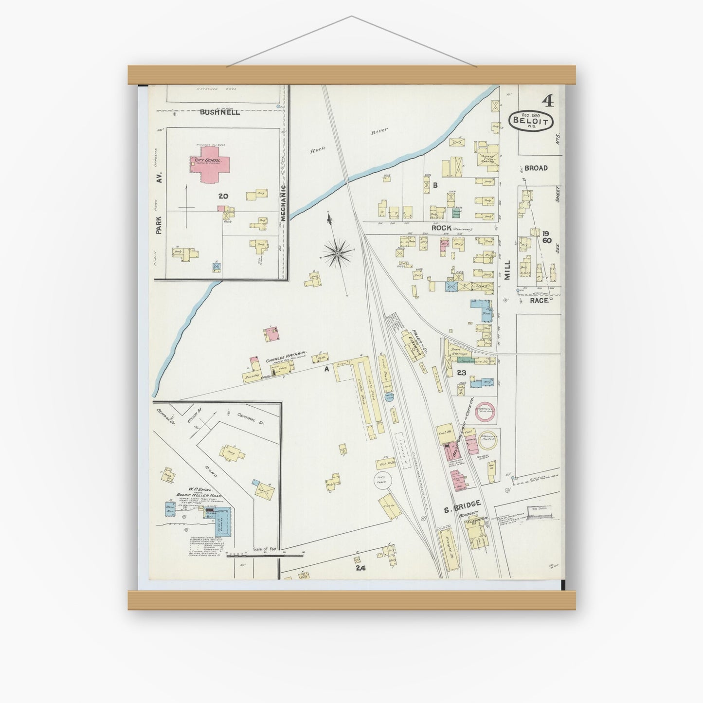 Old map wall art mockup — magnetic wood frame on white wall — Sanborn Fire Insurance Map from Beloit, Rock County, Wisconsin (1890), Sheet #0004