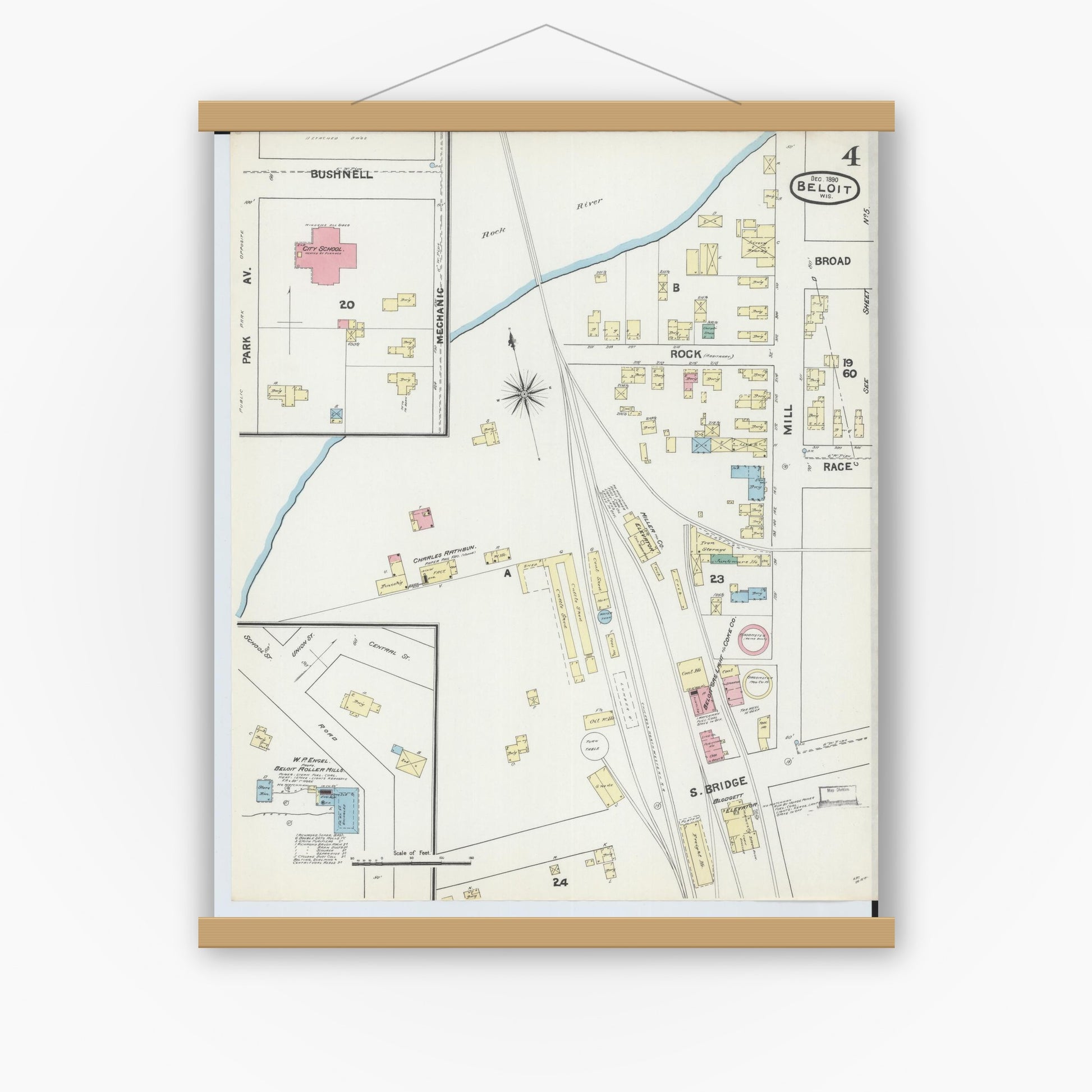 Old map wall art mockup — magnetic wood frame on white wall — Sanborn Fire Insurance Map from Beloit, Rock County, Wisconsin (1890), Sheet #0004