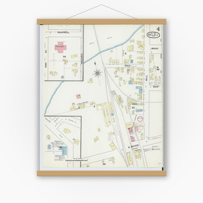 Old map wall art mockup — magnetic wood frame on white wall — Sanborn Fire Insurance Map from Beloit, Rock County, Wisconsin (1890), Sheet #0004