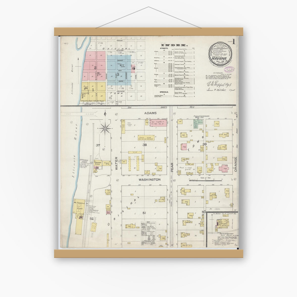 Old map wall art mockup — magnetic wood frame on white wall — Sanborn Fire Insurance Map from Havana, Mason County, Illinois (1887), Sheet #0001