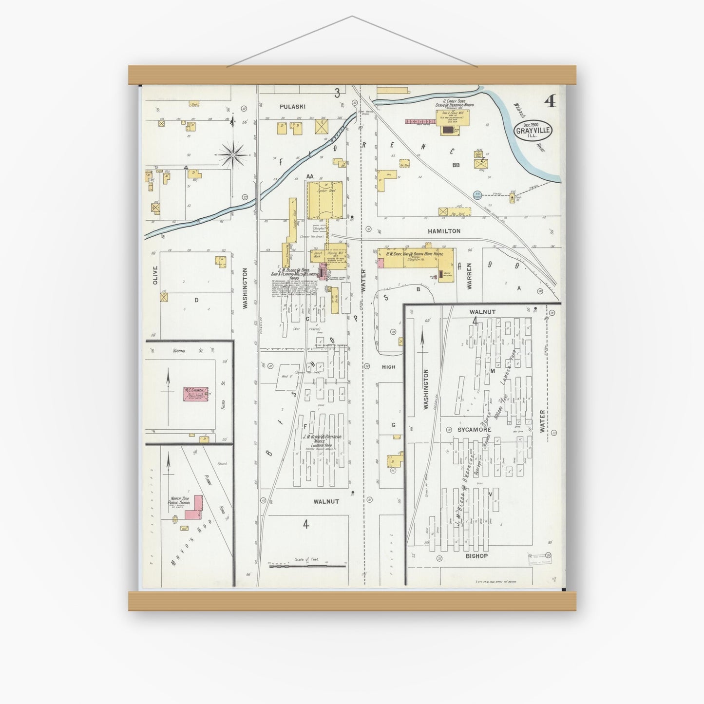 Old map wall art mockup — magnetic wood frame on white wall — Sanborn Fire Insurance Map from Grayville, White And Edwards Counties, Illinois (1900), Sheet #0004