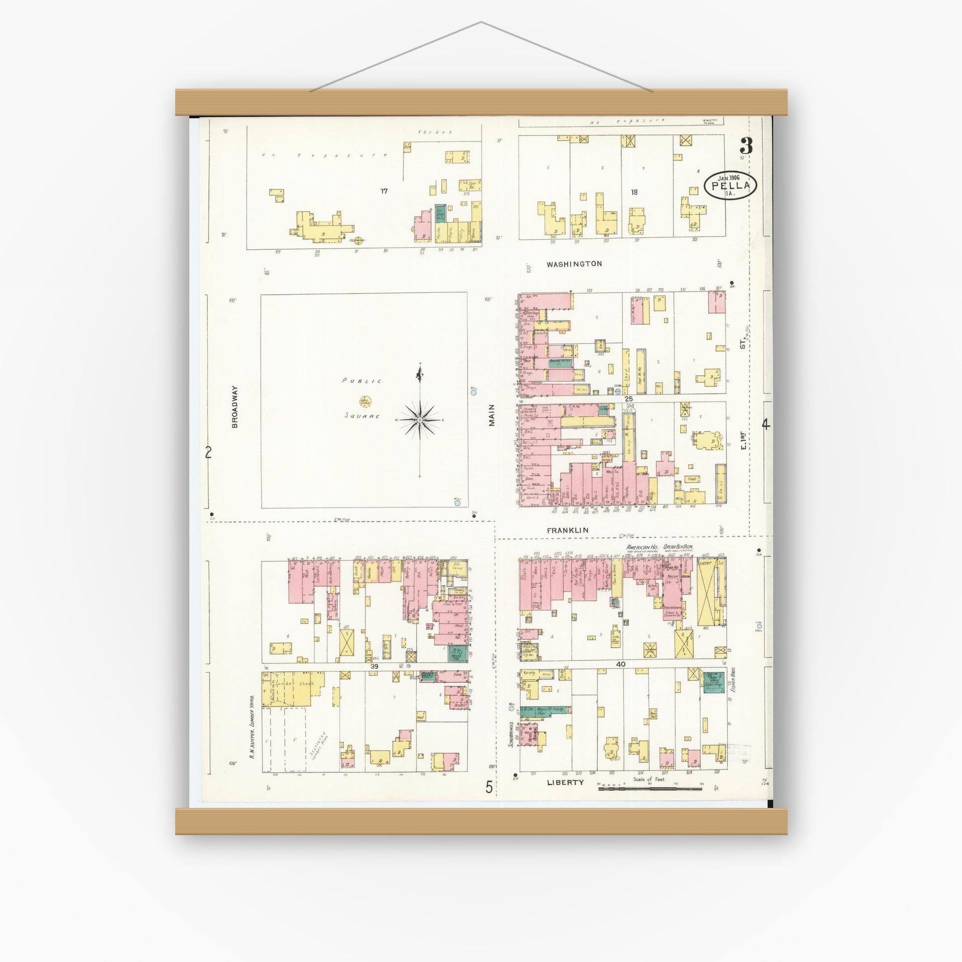 Old map wall art mockup — magnetic wood frame on white wall — Sanborn Fire Insurance Map from Pella, Marion County, Iowa (1906), Sheet #0003