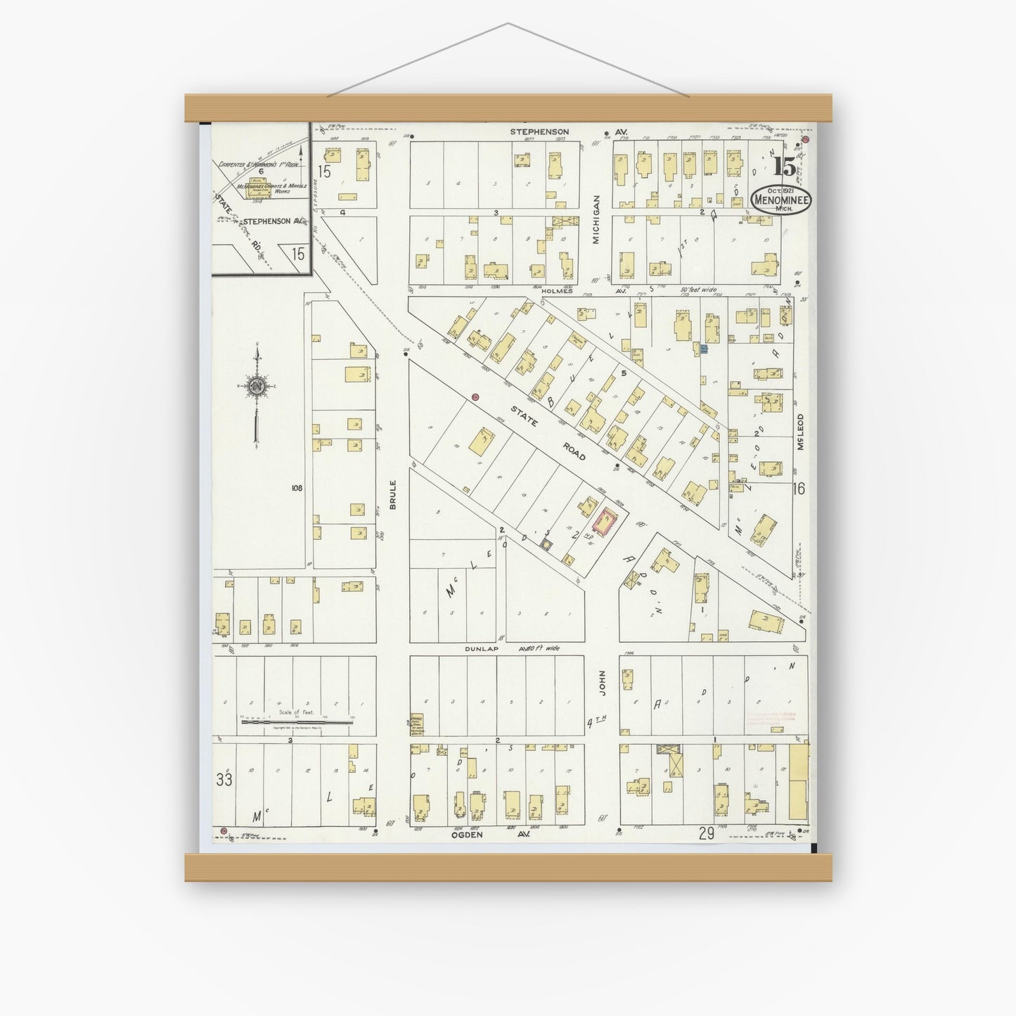 Old map wall art mockup — magnetic wood frame on white wall — Sanborn Fire Insurance Map from Menominee, Menominee County, Michigan (1921), Sheet #0015