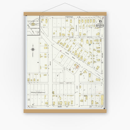 Old map wall art mockup — magnetic wood frame on white wall — Sanborn Fire Insurance Map from Menominee, Menominee County, Michigan (1921), Sheet #0015