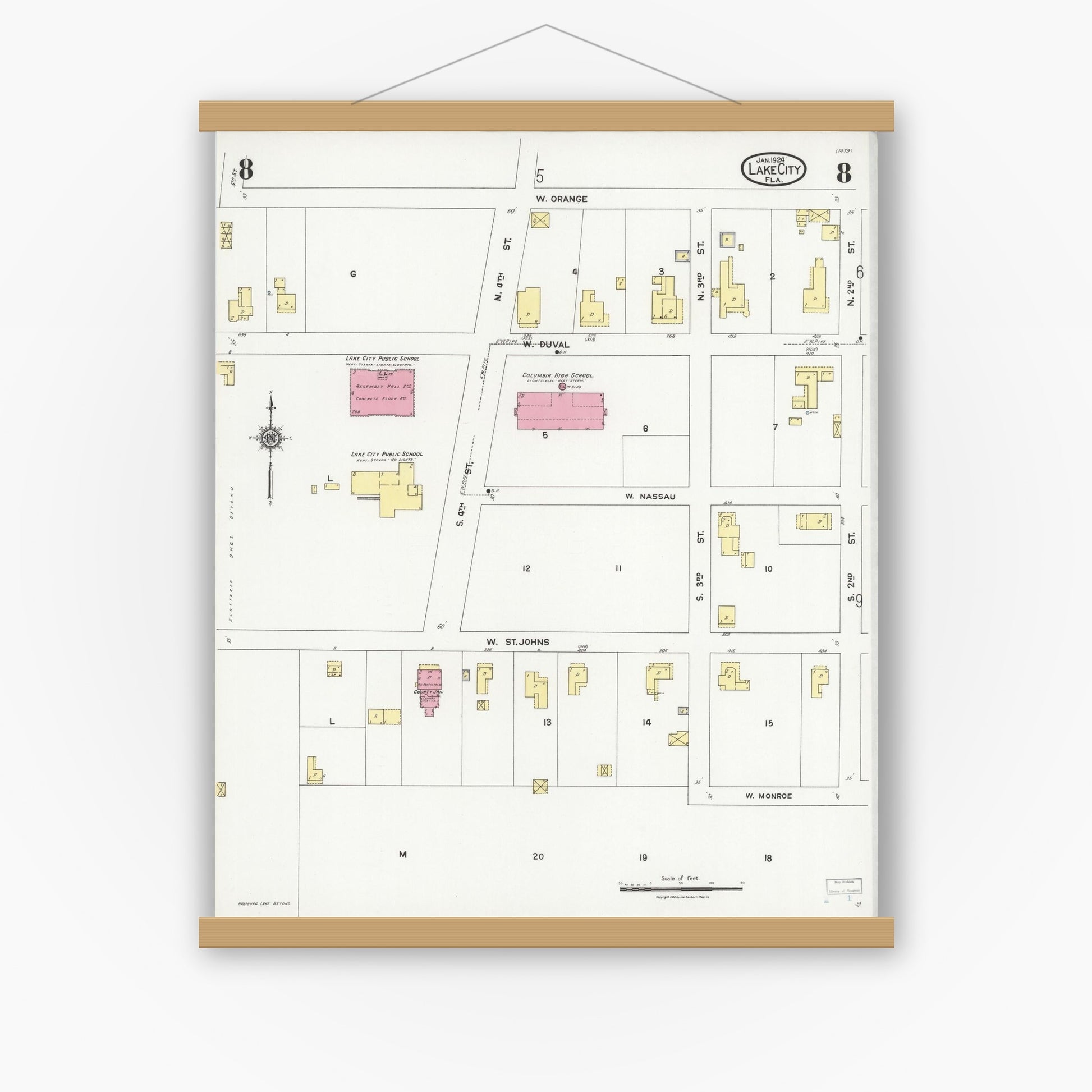 Old map wall art mockup — magnetic wood frame on white wall — Sanborn Fire Insurance Map from Lake City, Columbia County, Florida (1924), Sheet #0008
