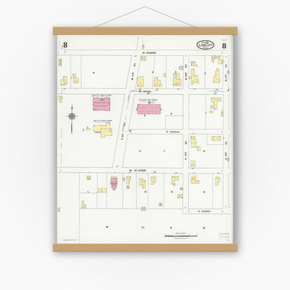 Old map wall art mockup — magnetic wood frame on white wall — Sanborn Fire Insurance Map from Lake City, Columbia County, Florida (1924), Sheet #0008