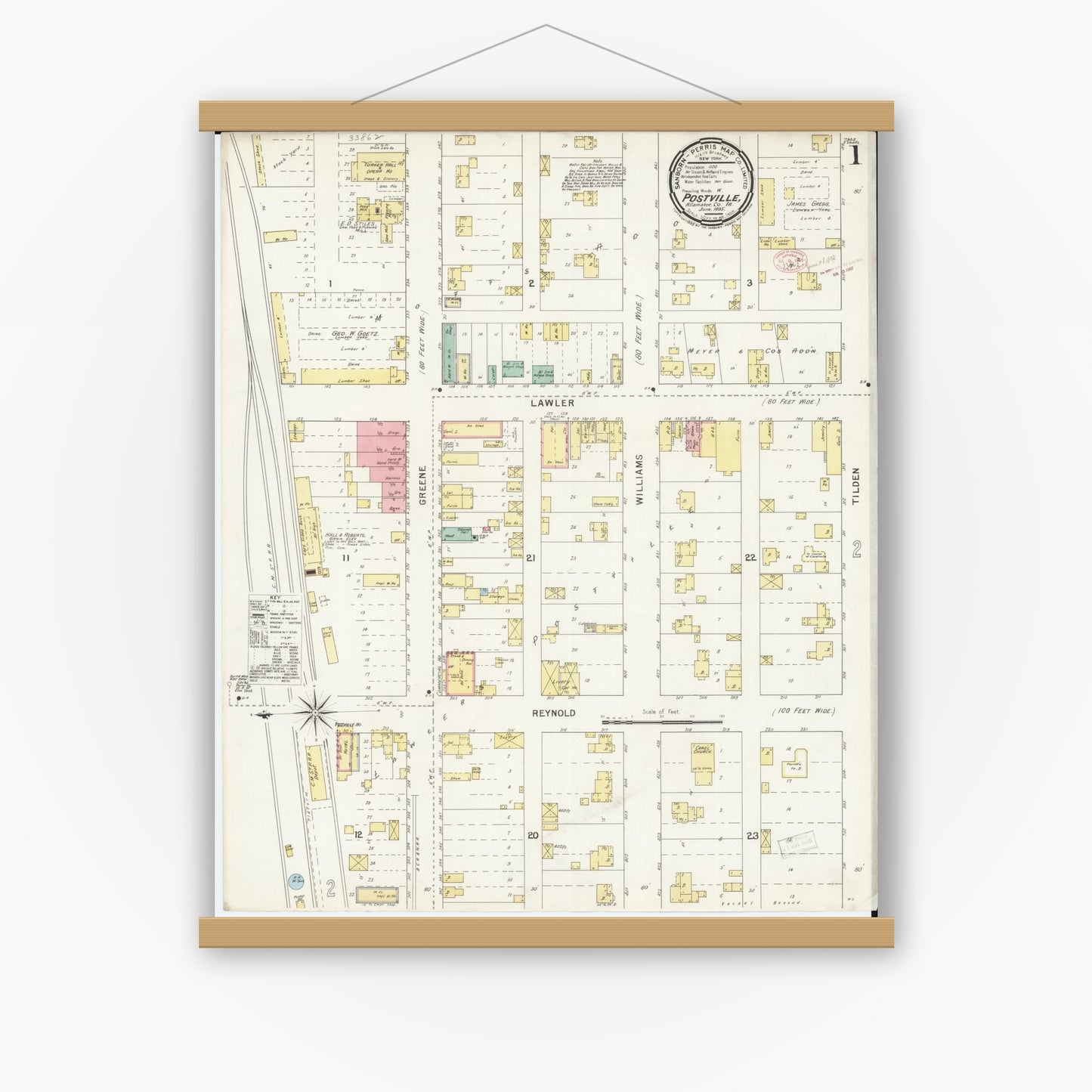 Old map wall art mockup — magnetic wood frame on white wall — Sanborn Fire Insurance Map from Postville, Allamakee County, Iowa (1895), Sheet #0001