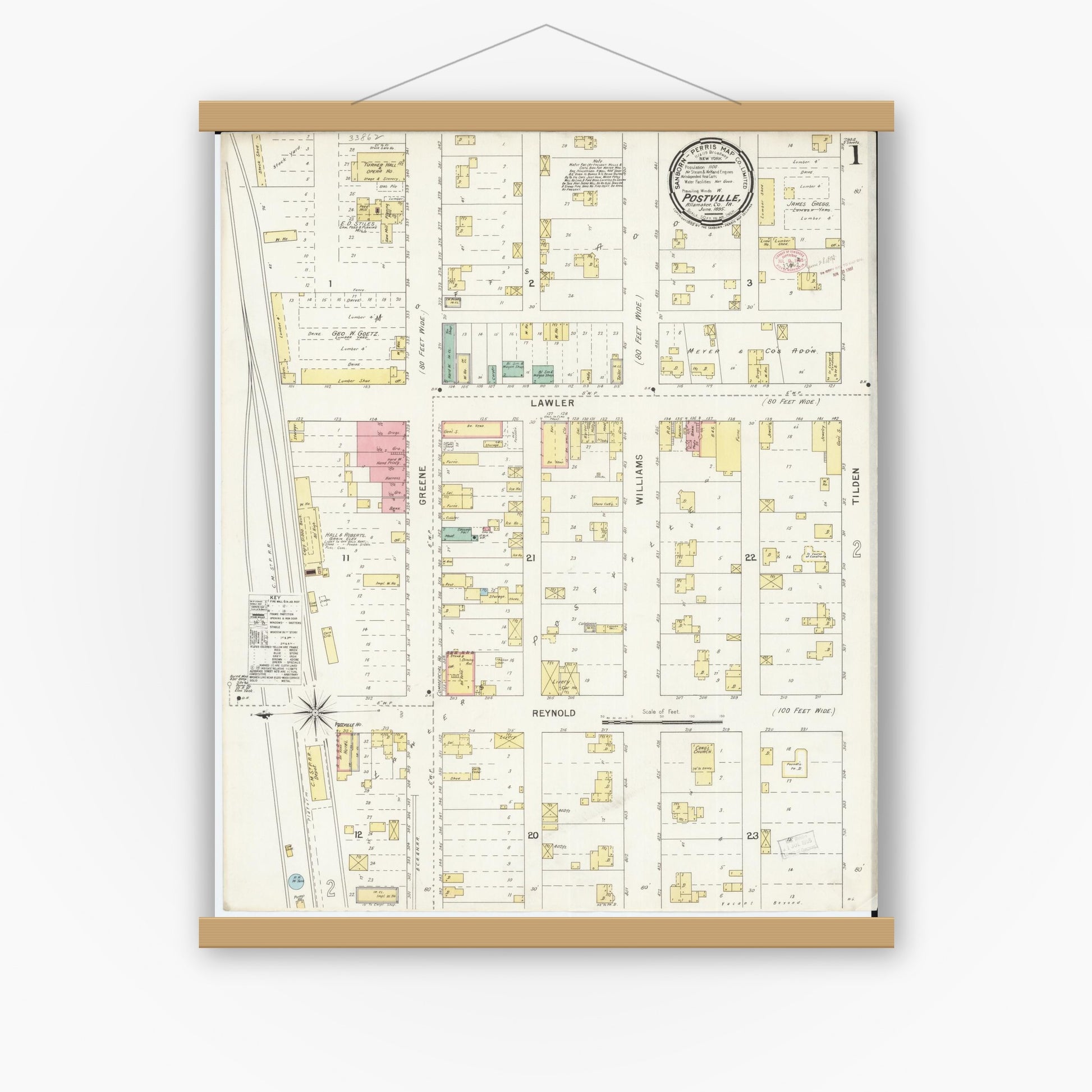 Old map wall art mockup — magnetic wood frame on white wall — Sanborn Fire Insurance Map from Postville, Allamakee County, Iowa (1895), Sheet #0001
