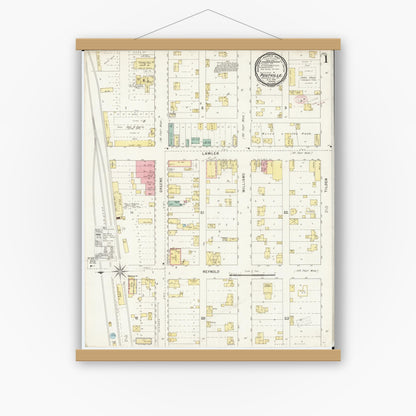 Old map wall art mockup — magnetic wood frame on white wall — Sanborn Fire Insurance Map from Postville, Allamakee County, Iowa (1895), Sheet #0001