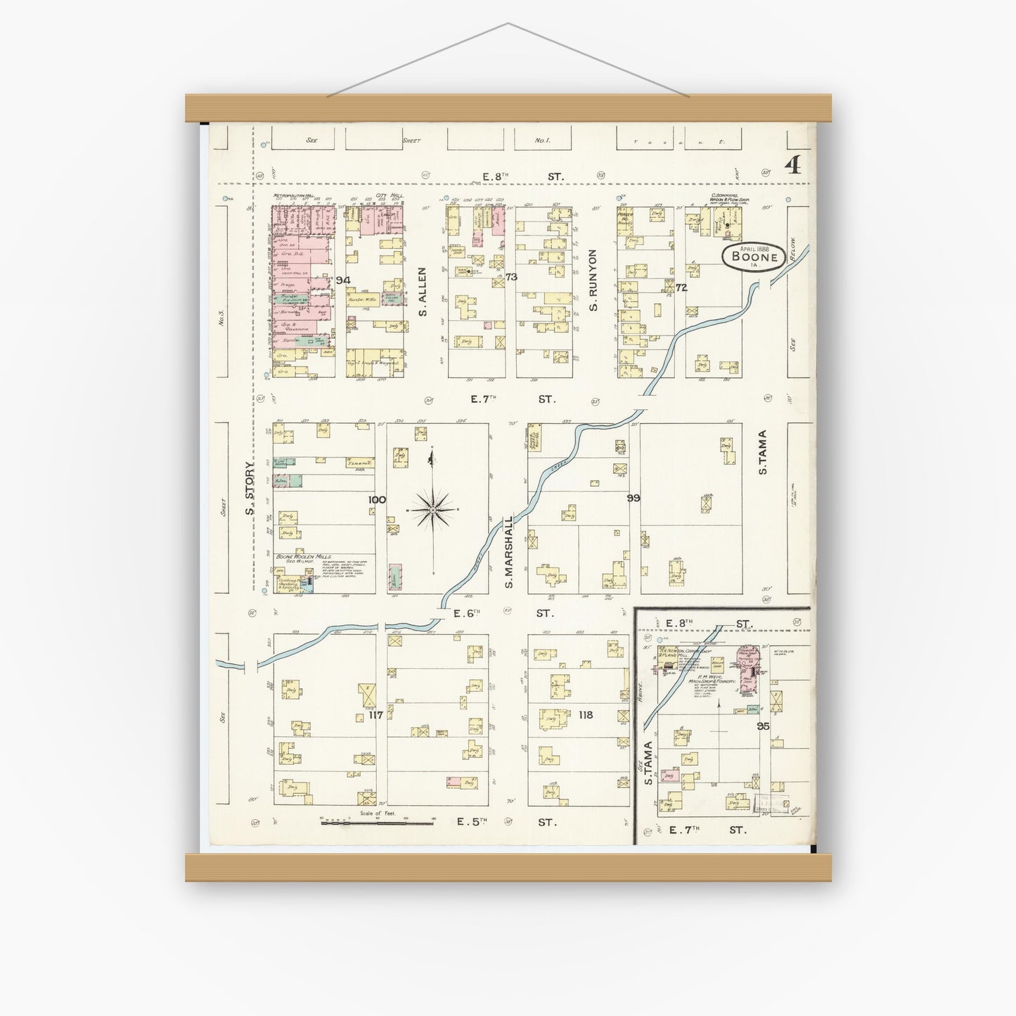 Old map wall art mockup — magnetic wood frame on white wall — Sanborn Fire Insurance Map from Boone, Boone County, Iowa (1888), Sheet #0004