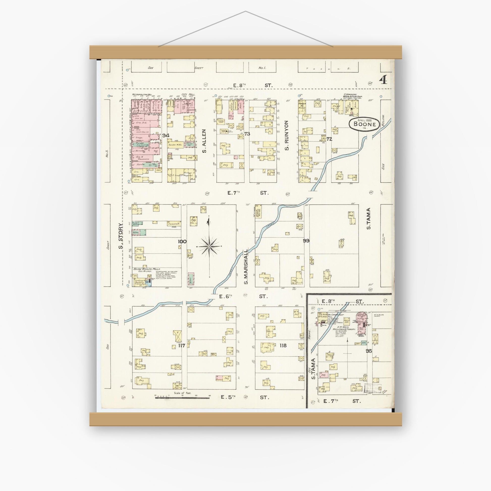 Old map wall art mockup — magnetic wood frame on white wall — Sanborn Fire Insurance Map from Boone, Boone County, Iowa (1888), Sheet #0004