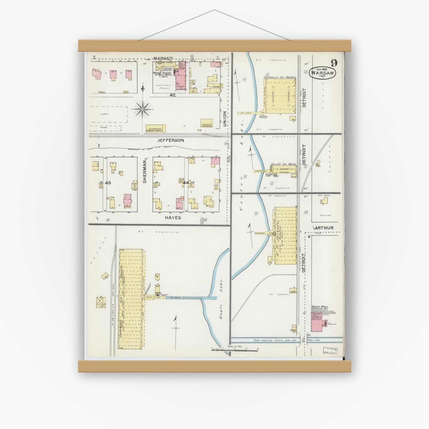 Old map wall art mockup — magnetic wood frame on white wall — Sanborn Fire Insurance Map from Warsaw, Kosciusko County, Indiana (1892), Sheet #0009