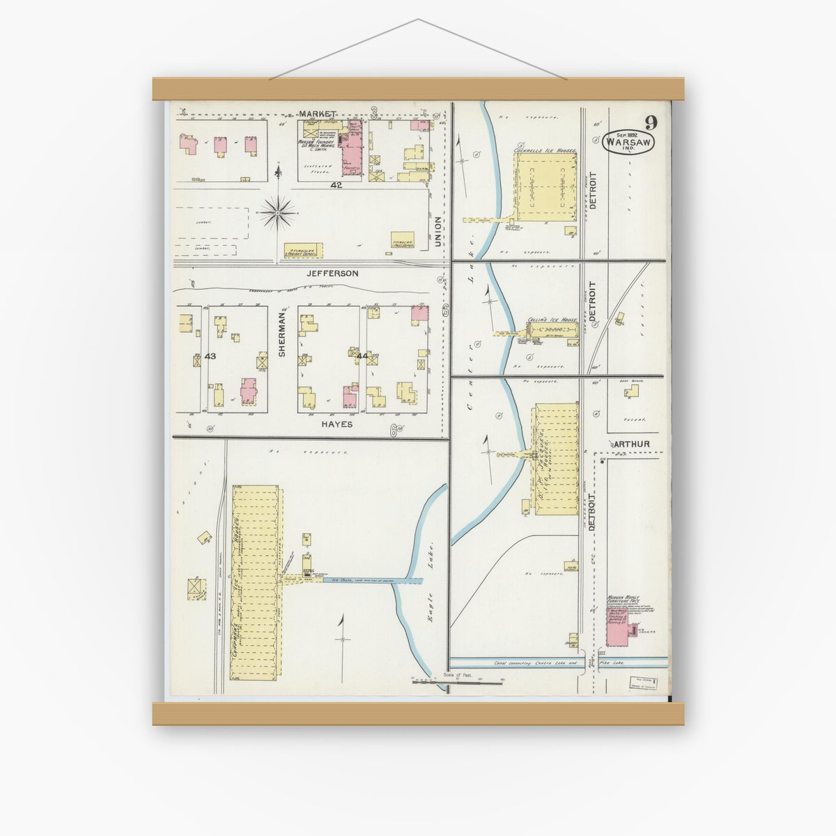 Old map wall art mockup — magnetic wood frame on white wall — Sanborn Fire Insurance Map from Warsaw, Kosciusko County, Indiana (1892), Sheet #0009