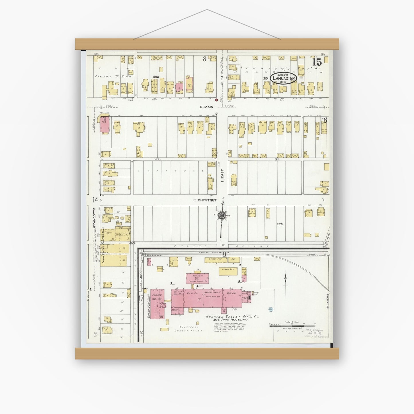 Old map wall art mockup — magnetic wood frame on white wall — Sanborn Fire Insurance Map from Lancaster, Fairfield County, Ohio (1919), Sheet #0015