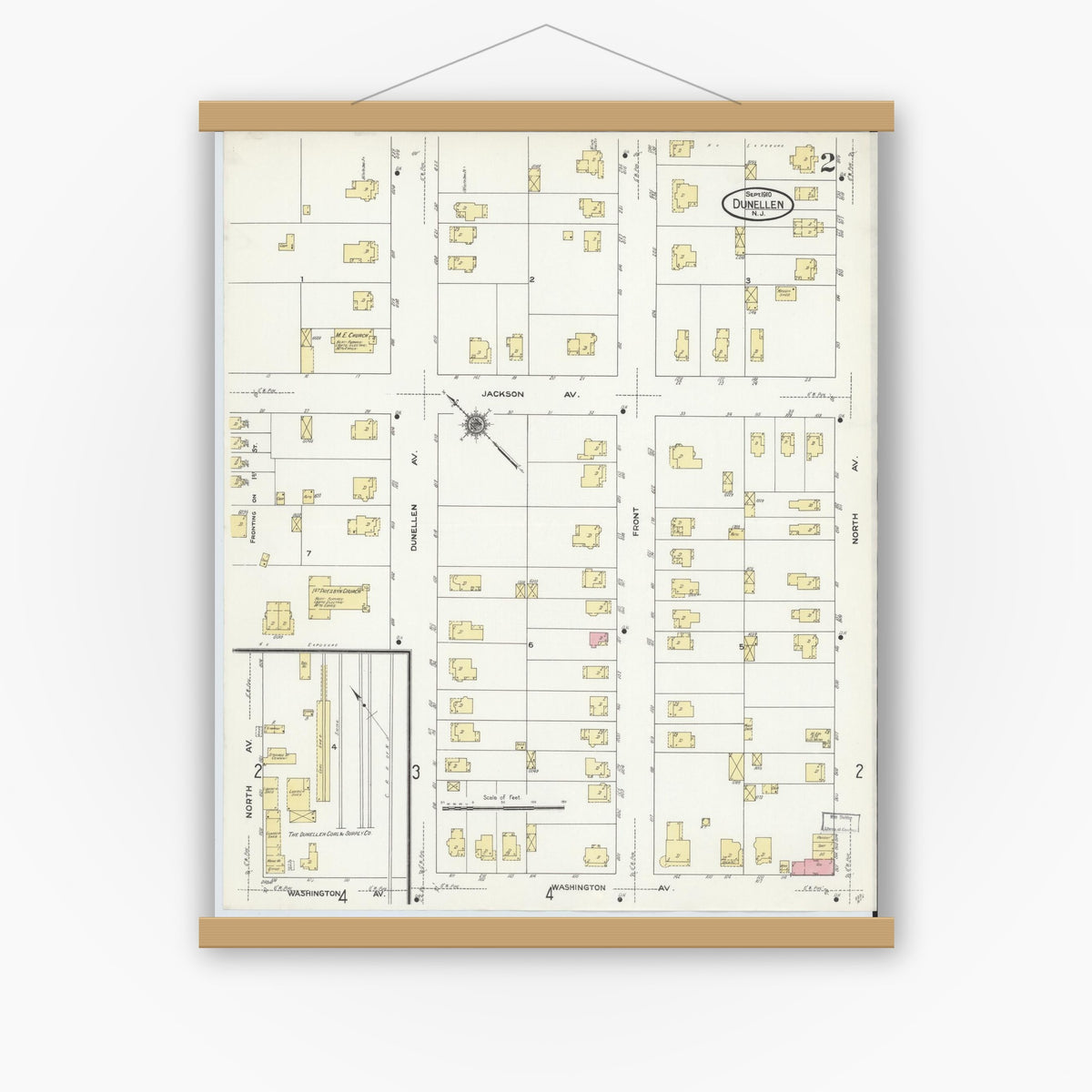 Old map wall art mockup — magnetic wood frame on white wall — Sanborn Fire Insurance Map from Dunellen, Middlesex County, New Jersey (1910), Sheet #0002