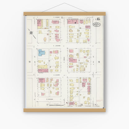 Old map wall art mockup — magnetic wood frame on white wall — Sanborn Fire Insurance Map from Mankato, Blue Earth County, Minnesota (1914), Sheet #0015