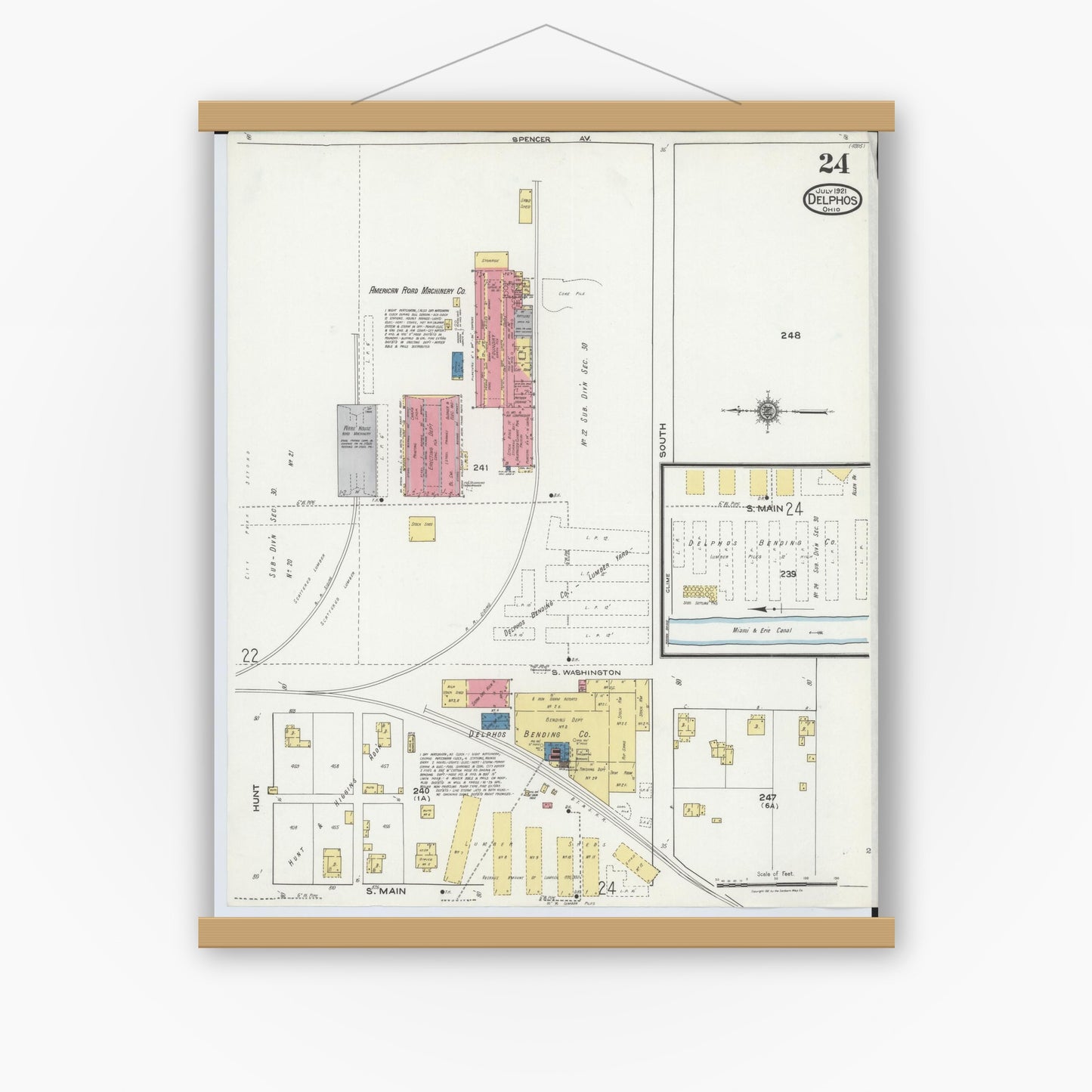 Old map wall art mockup — magnetic wood frame on white wall — Sanborn Fire Insurance Map from Delphos, Van Wert And Allen Counties, Ohio (1921), Sheet #0024