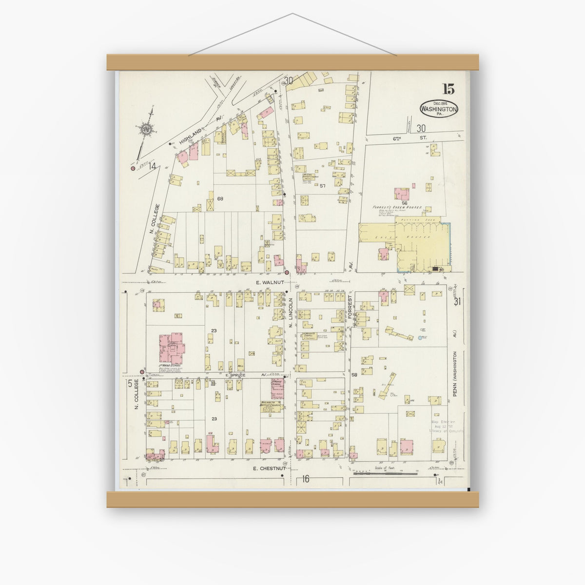 Old map wall art mockup — magnetic wood frame on white wall — Sanborn Fire Insurance Map from Washington, Washington County, Pennsylvania (1914), Sheet #0015