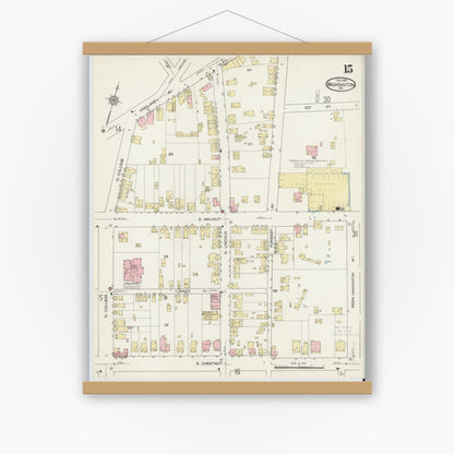 Old map wall art mockup — magnetic wood frame on white wall — Sanborn Fire Insurance Map from Washington, Washington County, Pennsylvania (1914), Sheet #0015