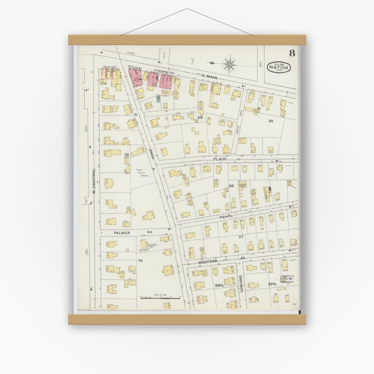 Old map wall art mockup — magnetic wood frame on white wall — Sanborn Fire Insurance Map from Natick, Middlesex County, Massachusetts (1894), Sheet #0008