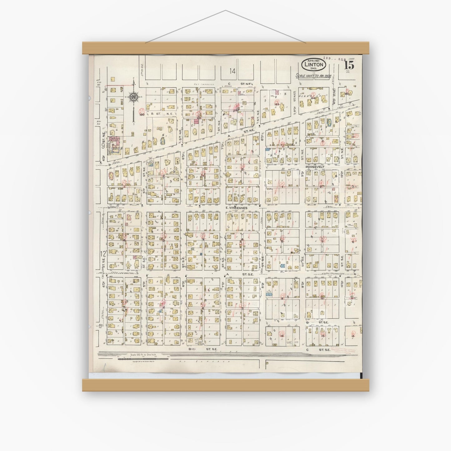 Old map wall art mockup — magnetic wood frame on white wall — Sanborn Fire Insurance Map from Linton, Greene County, Indiana (1948), Sheet #0015