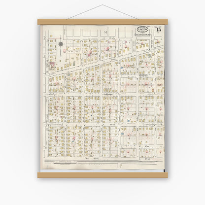Old map wall art mockup — magnetic wood frame on white wall — Sanborn Fire Insurance Map from Linton, Greene County, Indiana (1948), Sheet #0015
