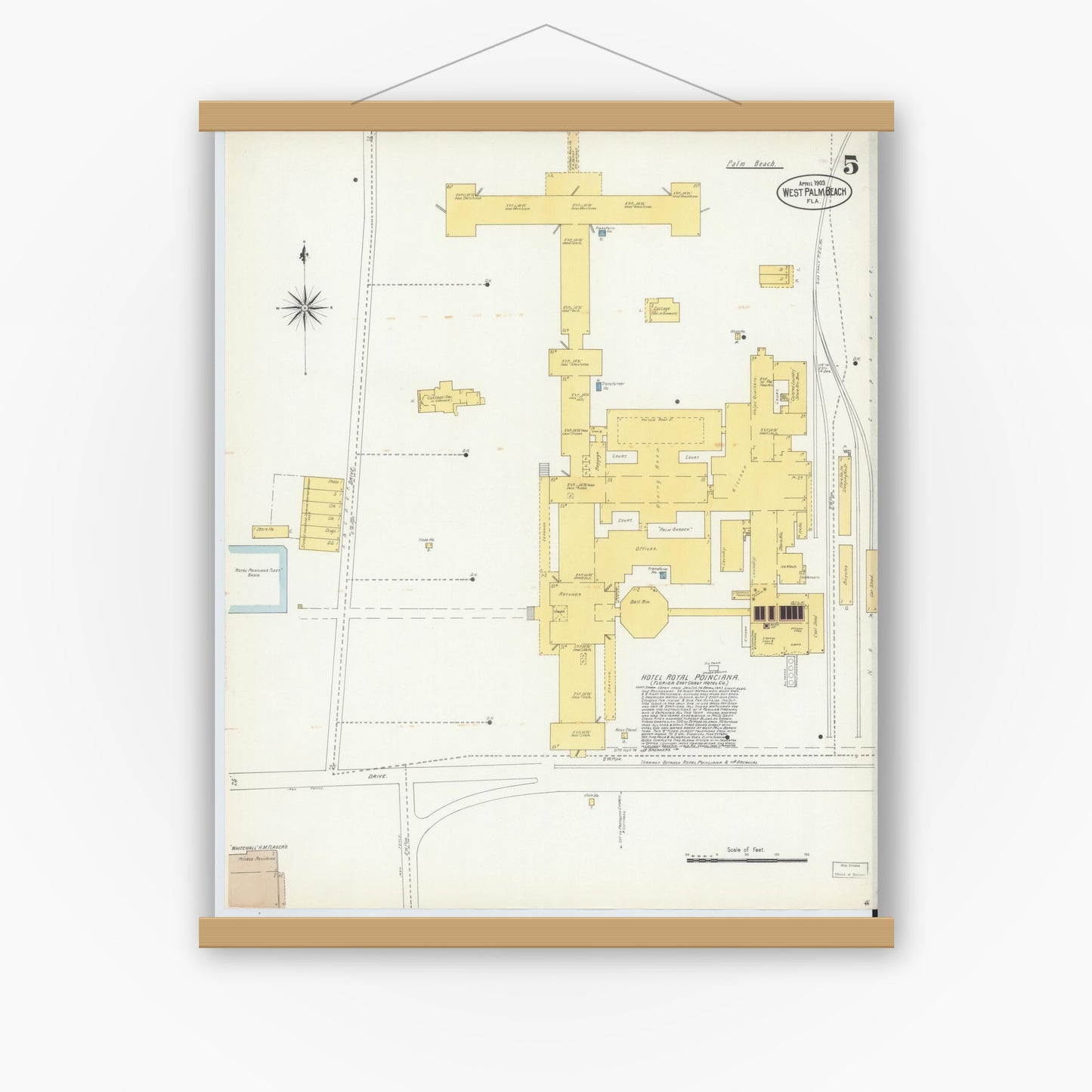 Old map wall art mockup — magnetic wood frame on white wall — Sanborn Fire Insurance Map from West Palm Beach, Dade County, Florida (1903), Sheet #0005