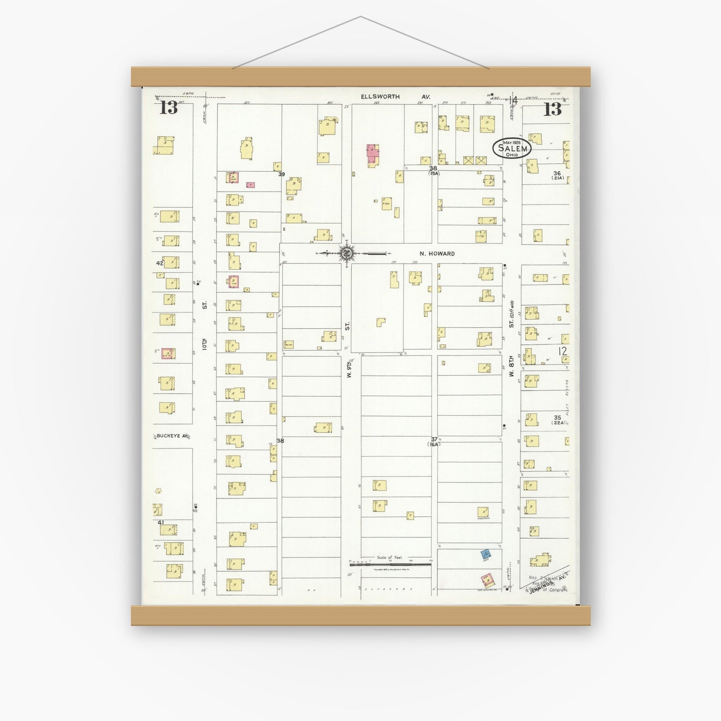 Old map wall art mockup — magnetic wood frame on white wall — Sanborn Fire Insurance Map from Salem, Columbiana County, Ohio (1926), Sheet #0013