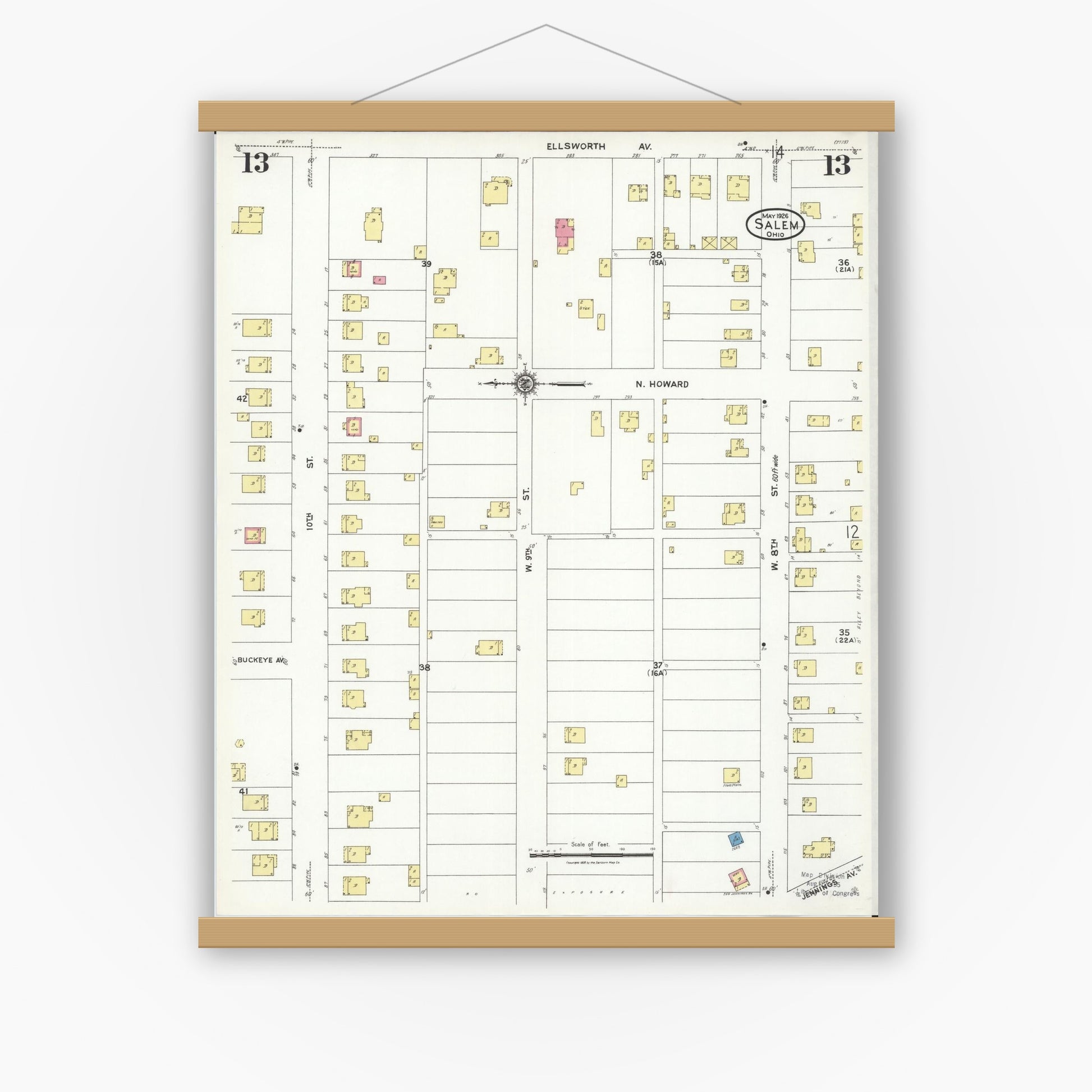 Old map wall art mockup — magnetic wood frame on white wall — Sanborn Fire Insurance Map from Salem, Columbiana County, Ohio (1926), Sheet #0013