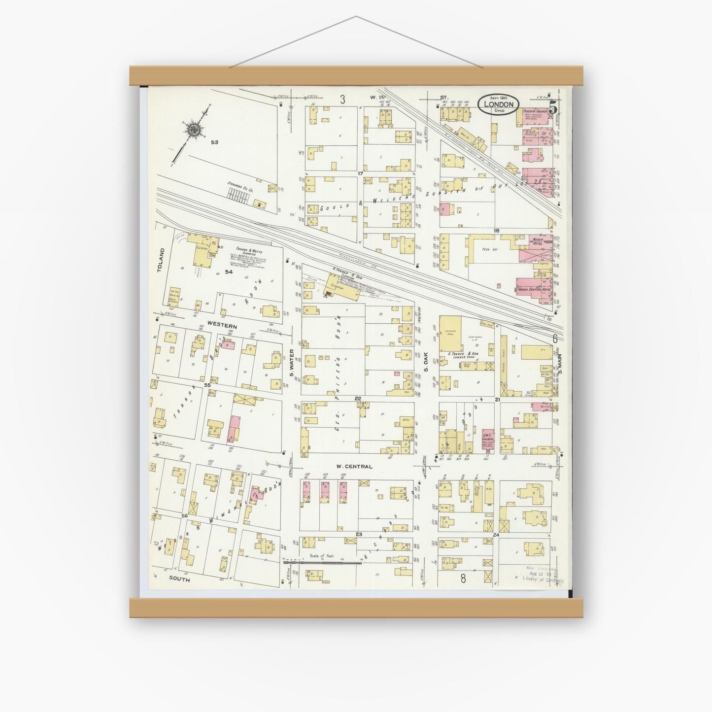 Old map wall art mockup — magnetic wood frame on white wall — Sanborn Fire Insurance Map from London, Madison County, Ohio (1910), Sheet #0005