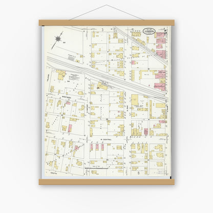 Old map wall art mockup — magnetic wood frame on white wall — Sanborn Fire Insurance Map from London, Madison County, Ohio (1910), Sheet #0005