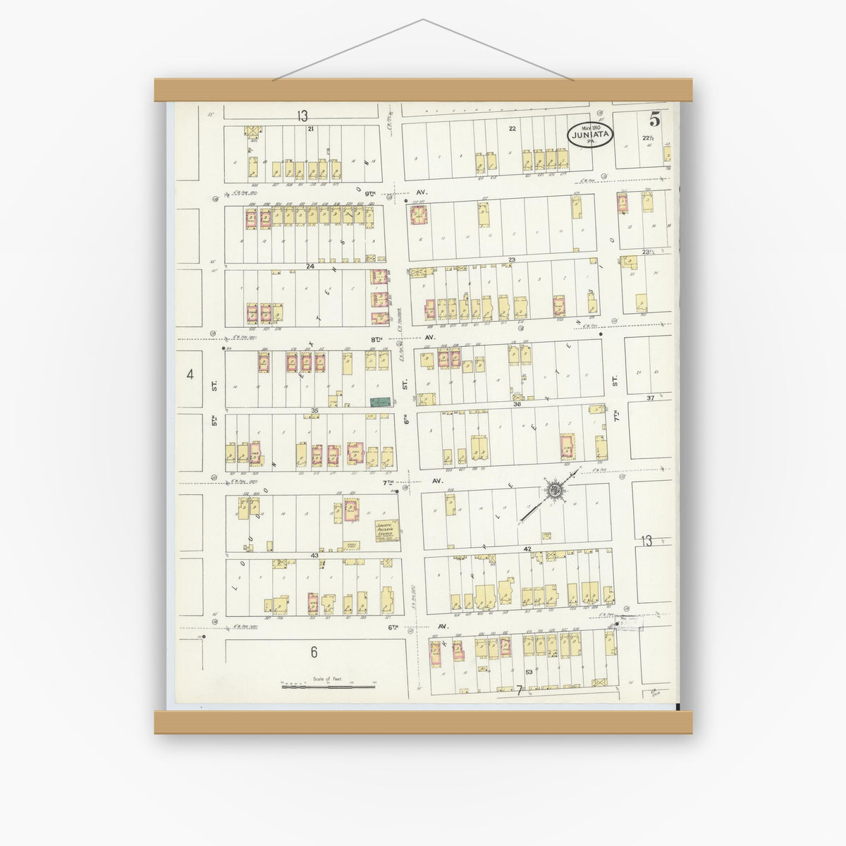 Old map wall art mockup — magnetic wood frame on white wall — Sanborn Fire Insurance Map from Juniata, Blair County, Pennsylvania (1910), Sheet #0005