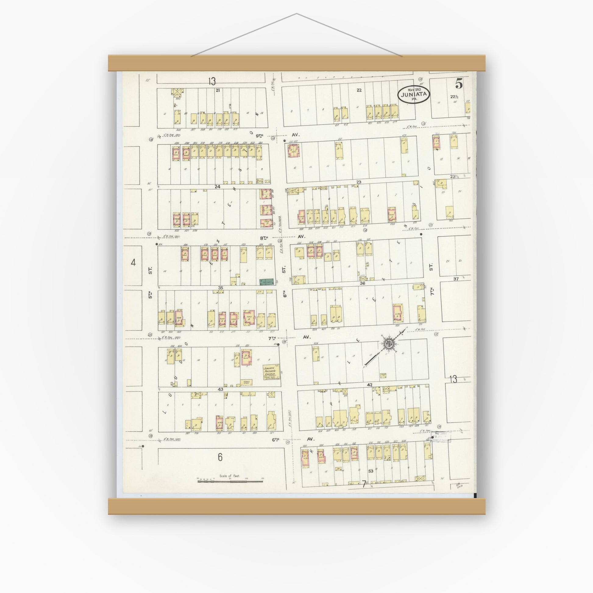 Old map wall art mockup — magnetic wood frame on white wall — Sanborn Fire Insurance Map from Juniata, Blair County, Pennsylvania (1910), Sheet #0005