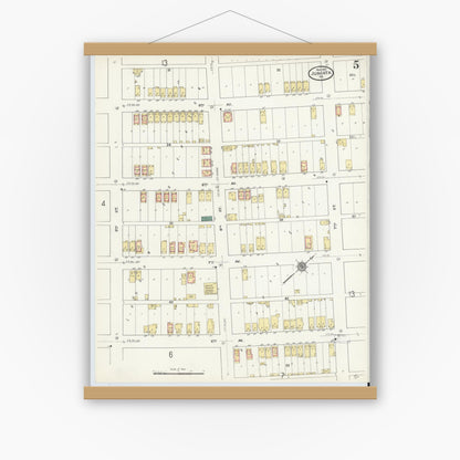 Old map wall art mockup — magnetic wood frame on white wall — Sanborn Fire Insurance Map from Juniata, Blair County, Pennsylvania (1910), Sheet #0005