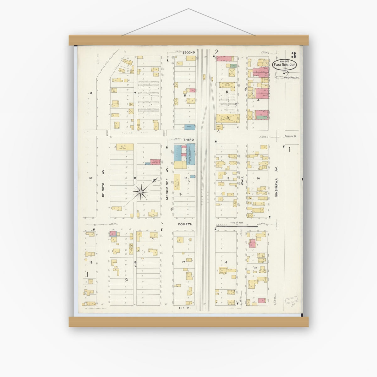 Old map wall art mockup — magnetic wood frame on white wall — Sanborn Fire Insurance Map from East Dubuque, Jo Daviess County, Illinois (1908), Sheet #0003