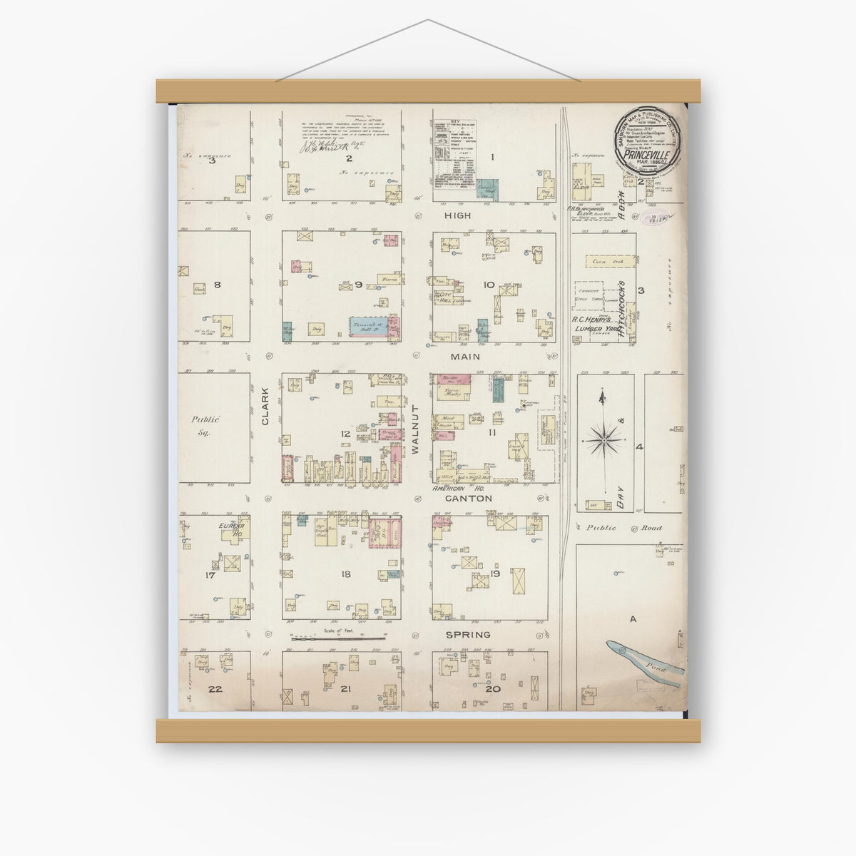 Old map wall art mockup — magnetic wood frame on white wall — Sanborn Fire Insurance Map from Princeville, Peoria County, Illinois (1886), Sheet #0001