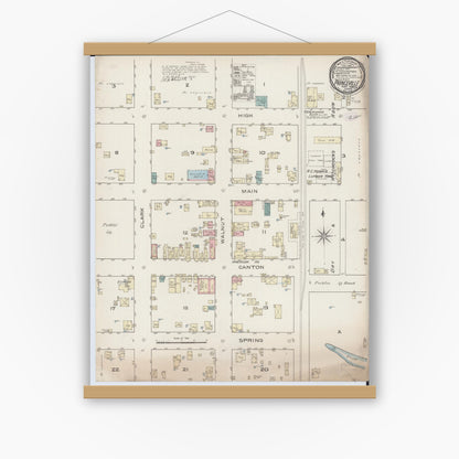 Old map wall art mockup — magnetic wood frame on white wall — Sanborn Fire Insurance Map from Princeville, Peoria County, Illinois (1886), Sheet #0001