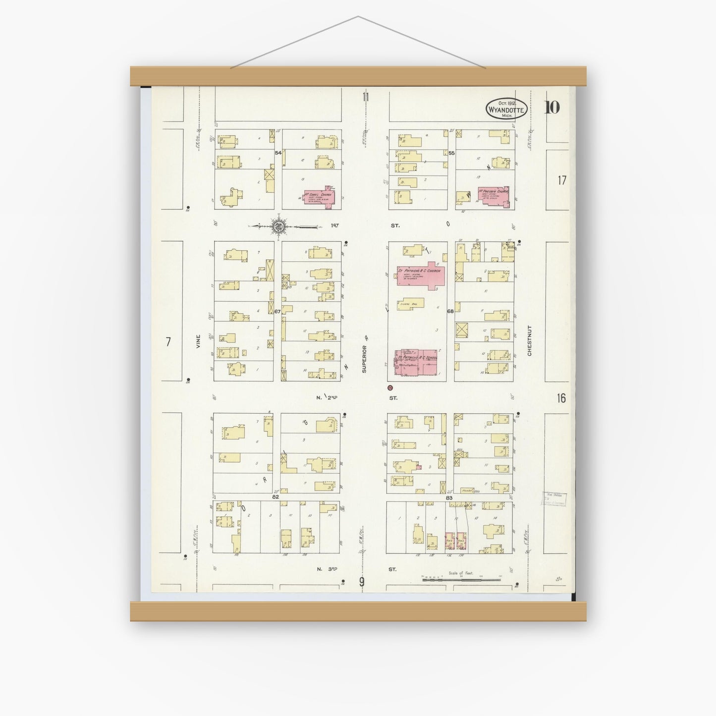Old map wall art mockup — magnetic wood frame on white wall — Sanborn Fire Insurance Map from Wyandotte, Wayne County, Michigan (1912), Sheet #0010