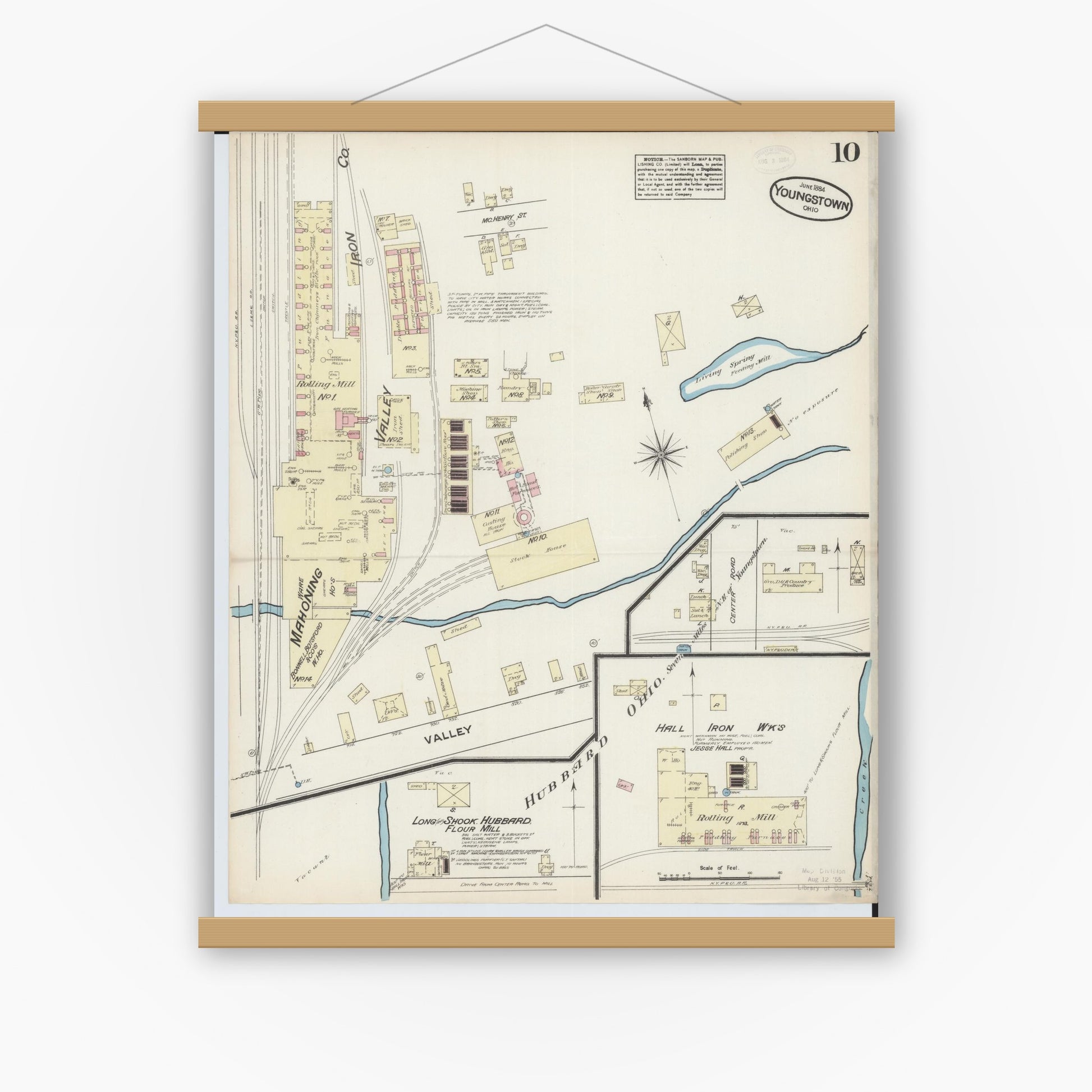 Old map wall art mockup — magnetic wood frame on white wall — Sanborn Fire Insurance Map from Youngstown, Mahoning County, Ohio (1884), Sheet #0010