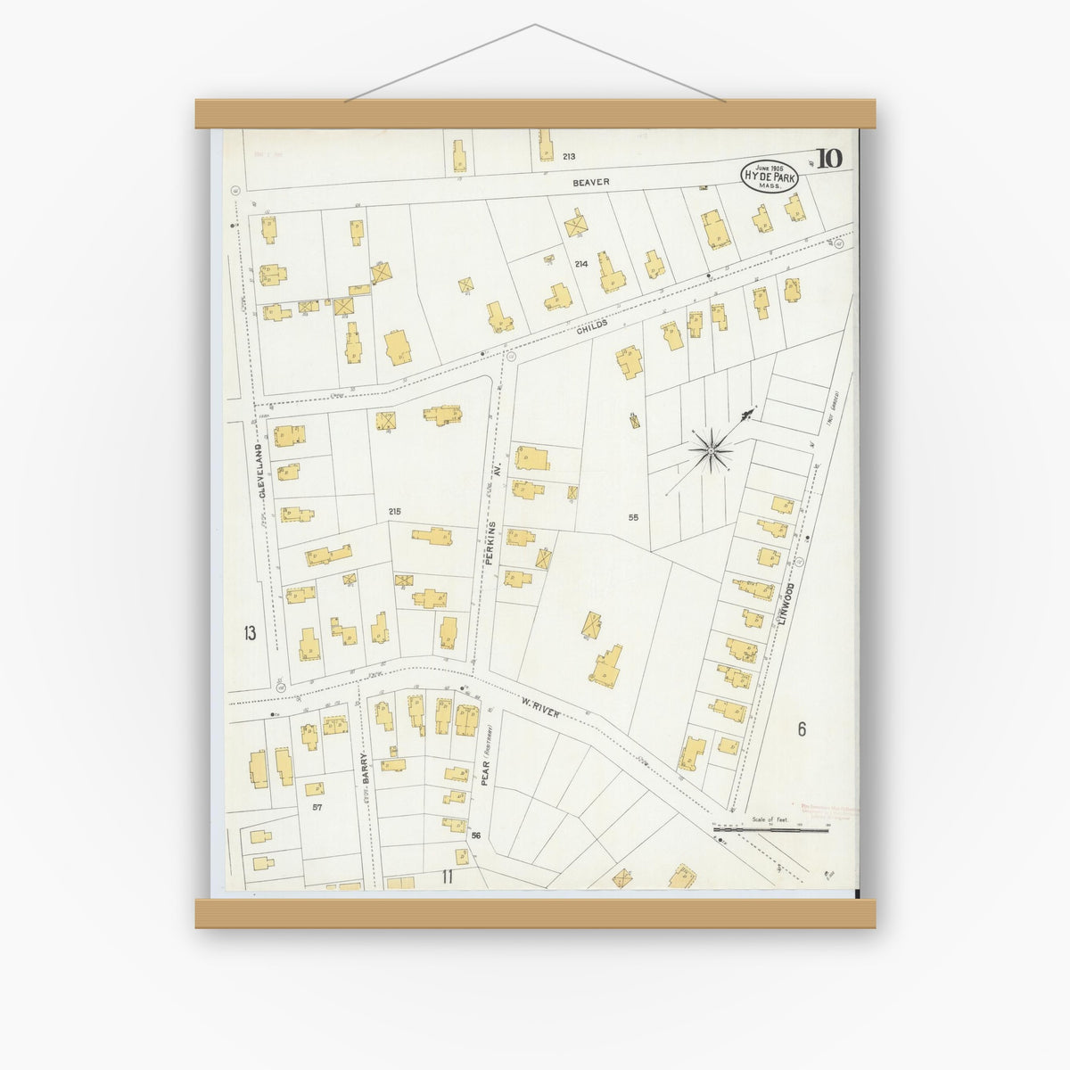 Old map wall art mockup — magnetic wood frame on white wall — Sanborn Fire Insurance Map from Hyde Park, Norfolk County, Massachusetts (1905), Sheet #0010