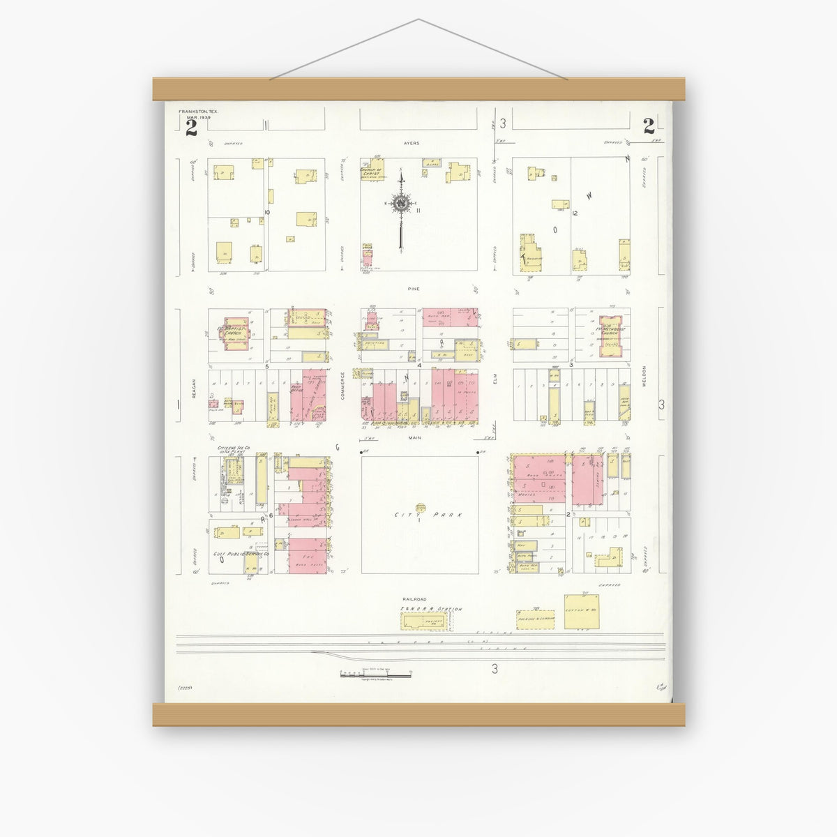 Old map wall art mockup — magnetic wood frame on white wall — Sanborn Fire Insurance Map from Frankston, Anderson County, Texas (1939), Sheet #0002