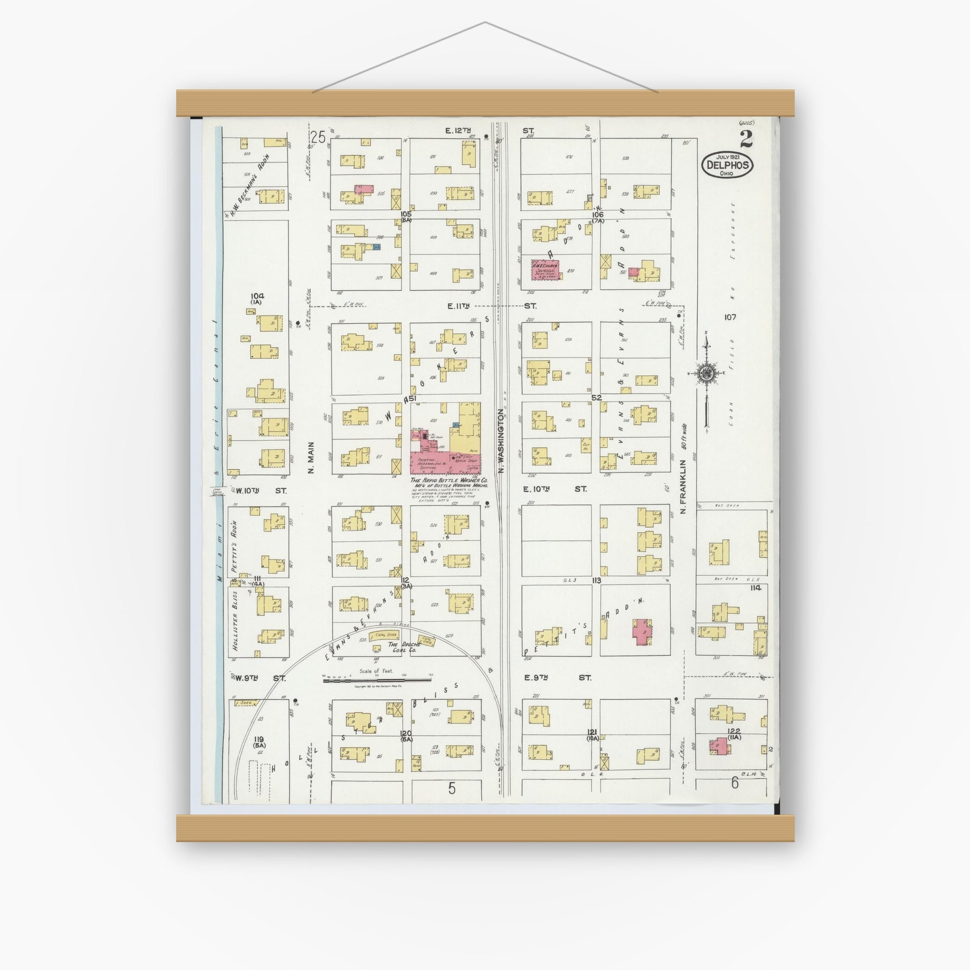 Old map wall art mockup — magnetic wood frame on white wall — Sanborn Fire Insurance Map from Delphos, Van Wert And Allen Counties, Ohio (1921), Sheet #0002