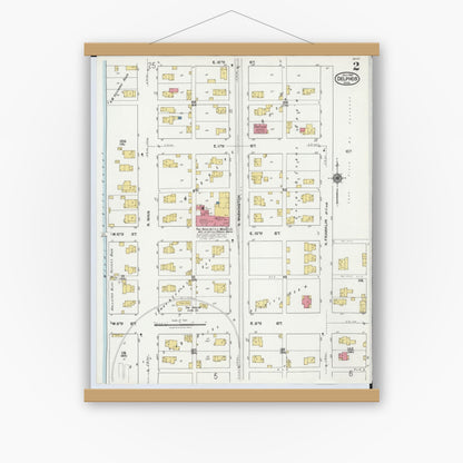 Old map wall art mockup — magnetic wood frame on white wall — Sanborn Fire Insurance Map from Delphos, Van Wert And Allen Counties, Ohio (1921), Sheet #0002