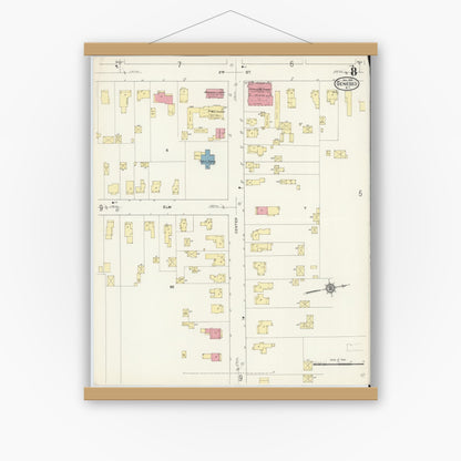 Old map wall art mockup — magnetic wood frame on white wall — Sanborn Fire Insurance Map from Geneseo, Livingston County, New York (1913), Sheet #0008
