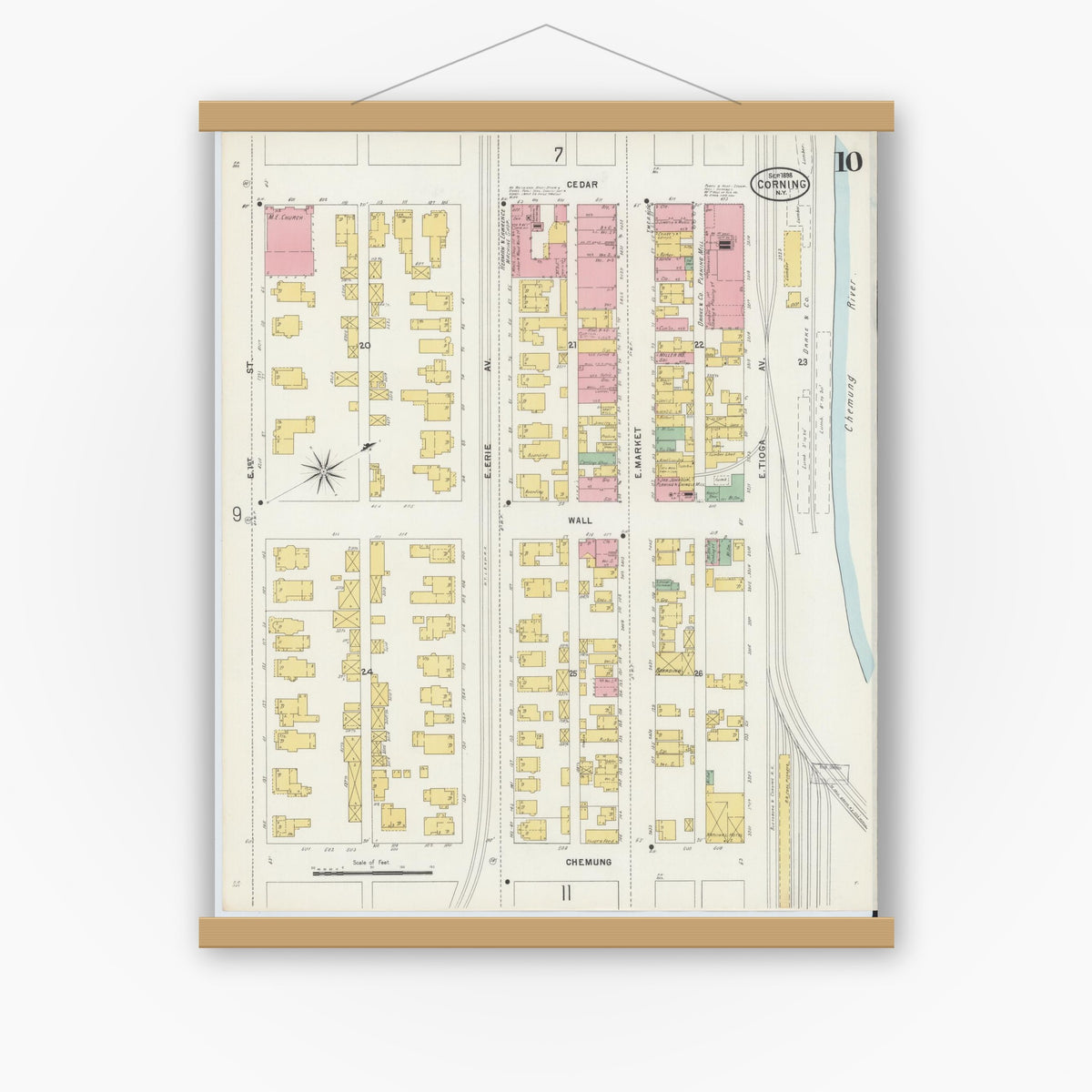 Old map wall art mockup — magnetic wood frame on white wall — Sanborn Fire Insurance Map from Corning, Steuben County, New York (1898), Sheet #0010