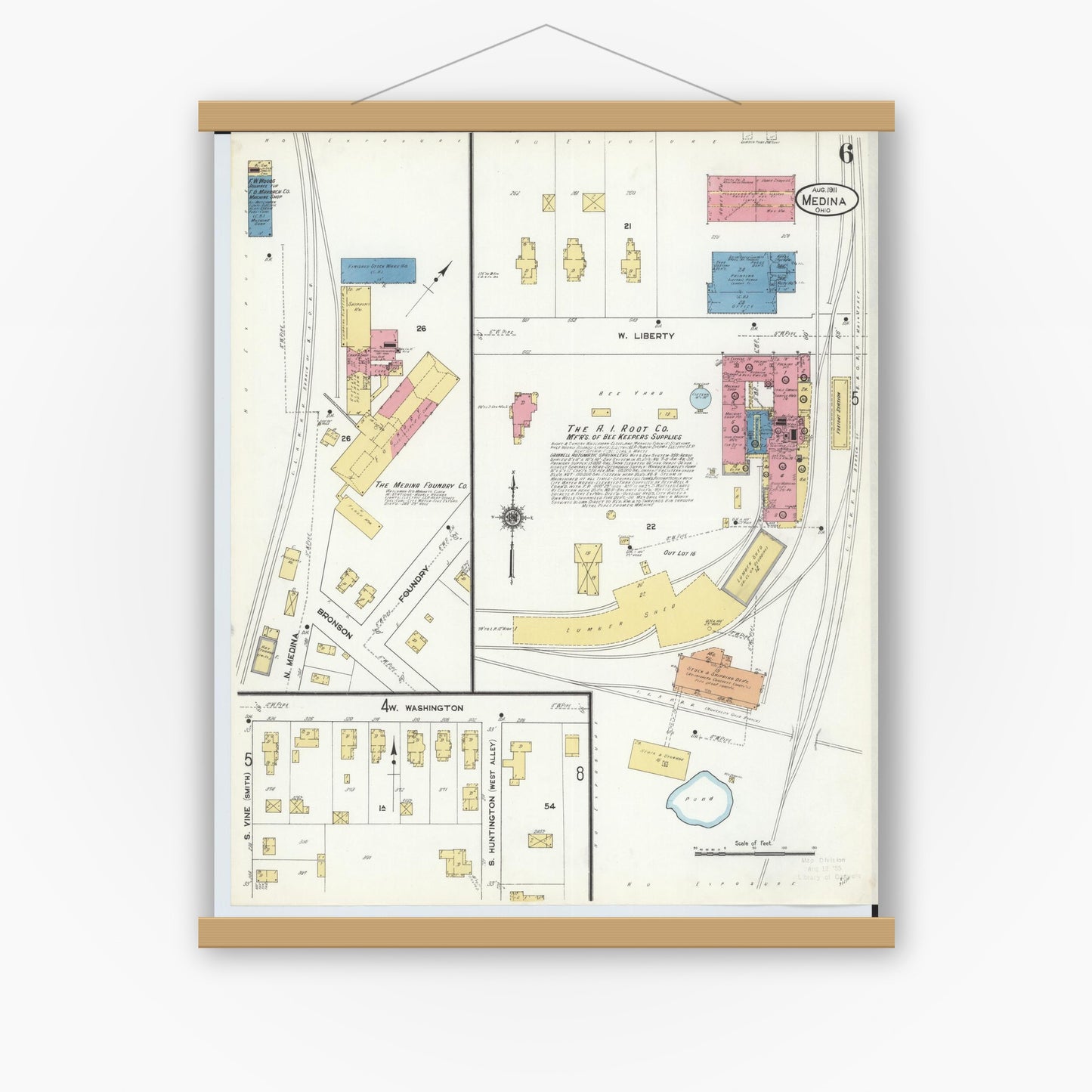 Old map wall art mockup — magnetic wood frame on white wall — Sanborn Fire Insurance Map from Medina, Medina County, Ohio (1911), Sheet #0006