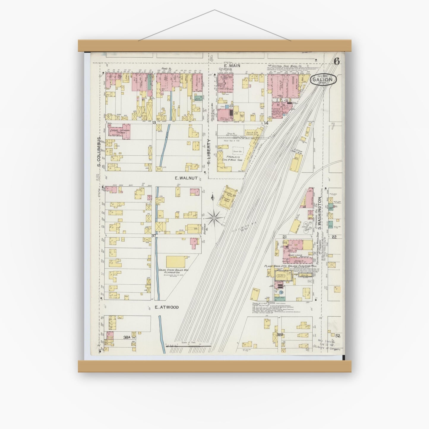 Old map wall art mockup — magnetic wood frame on white wall — Sanborn Fire Insurance Map from Galion, Crawford County, Ohio (1892), Sheet #0006