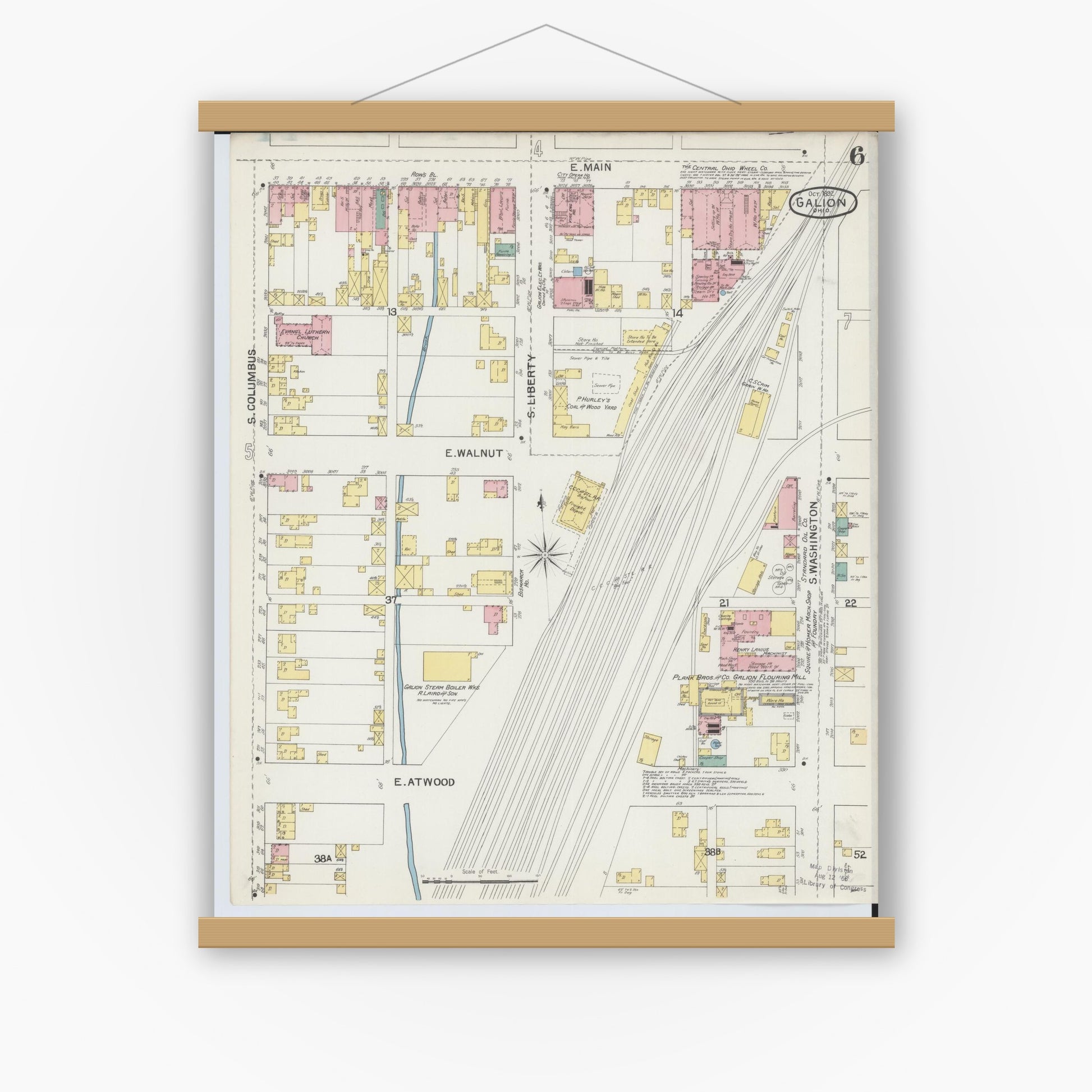 Old map wall art mockup — magnetic wood frame on white wall — Sanborn Fire Insurance Map from Galion, Crawford County, Ohio (1892), Sheet #0006