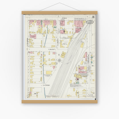 Old map wall art mockup — magnetic wood frame on white wall — Sanborn Fire Insurance Map from Galion, Crawford County, Ohio (1892), Sheet #0006