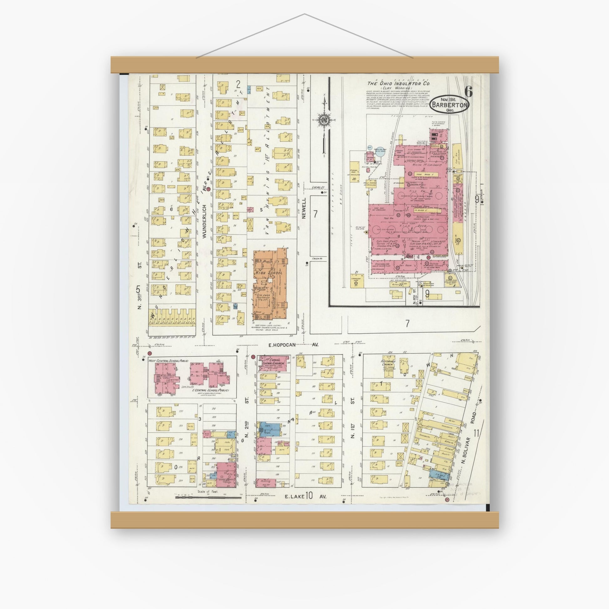 Old map wall art mockup — magnetic wood frame on white wall — Sanborn Fire Insurance Map from Barberton, Summit County, Ohio (1916), Sheet #0006